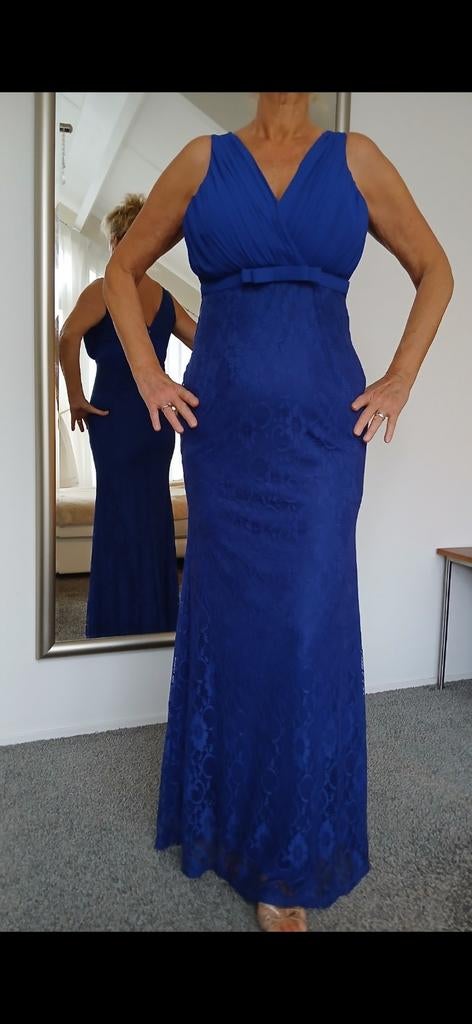 Elegante kobaltblauwe galajurk met kant, Galajurk, Blauw, Maat 42/44 (L), Ophalen of Verzenden