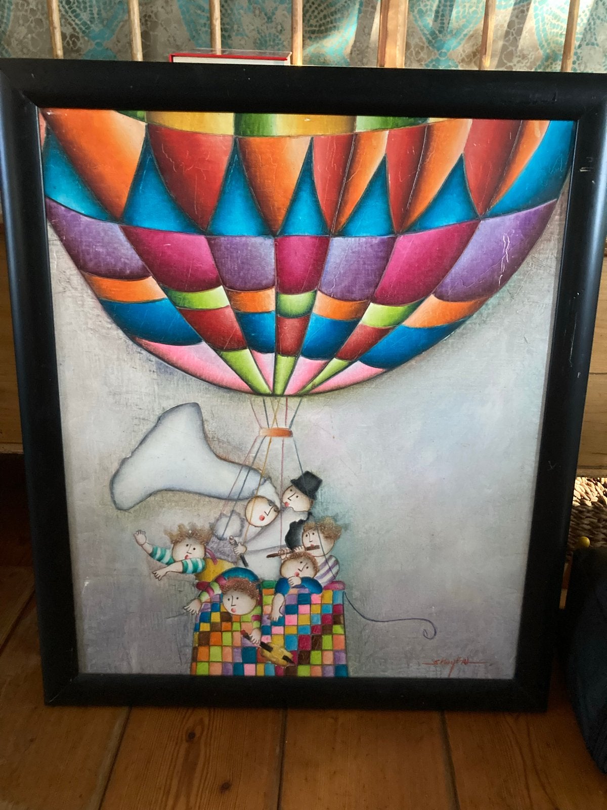 Kleurrijk schilderij van heteluchtballon met figuren, Antiek en Kunst, Ophalen, Figuren, Overige materialen, Gesigneerd