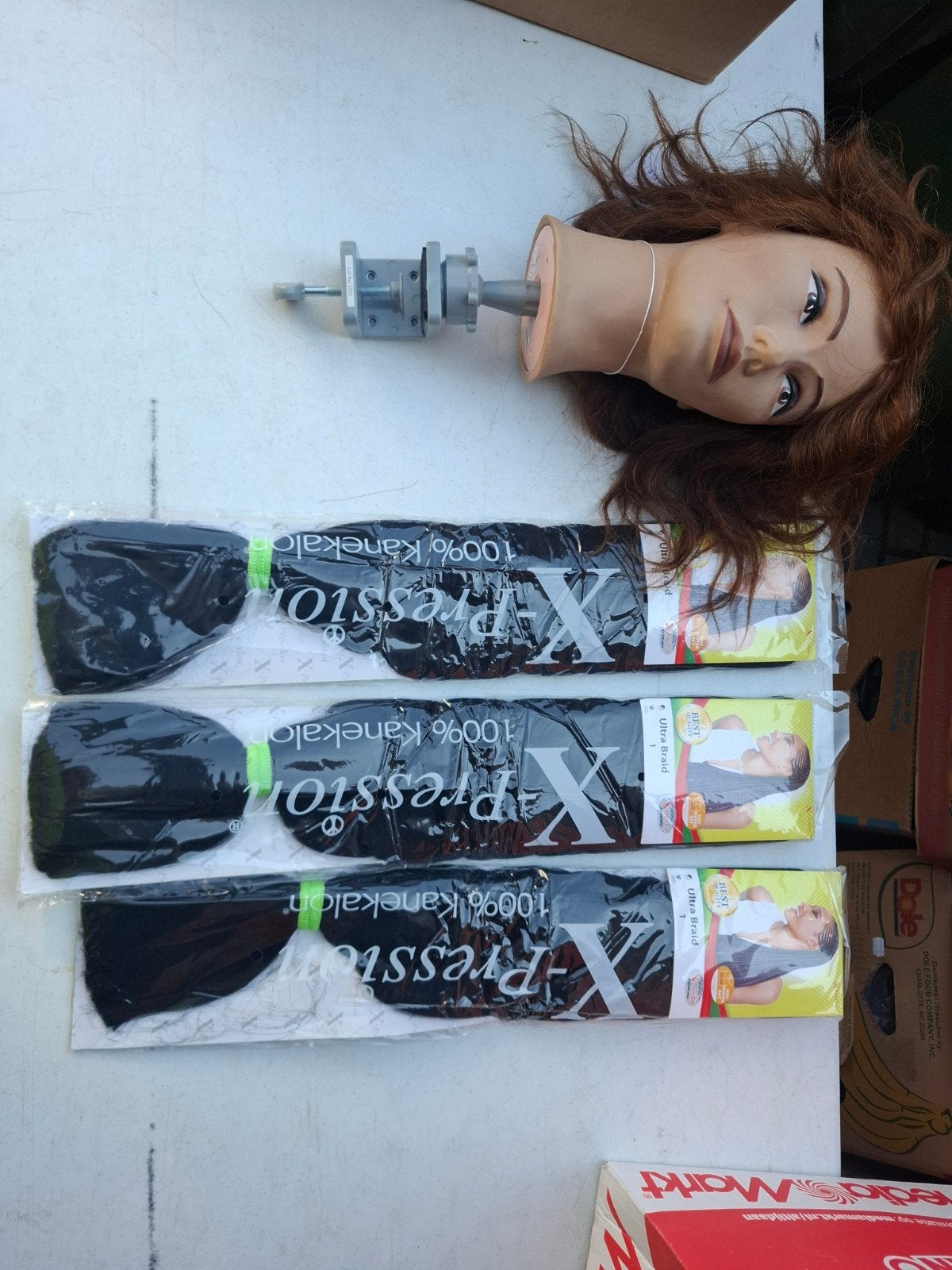 Oefenhoofd met haar en X-Pression Ultra Braid haar, Gebruikt, Onbekend, Ophalen of Verzenden, Pruik of Haarverlenging
