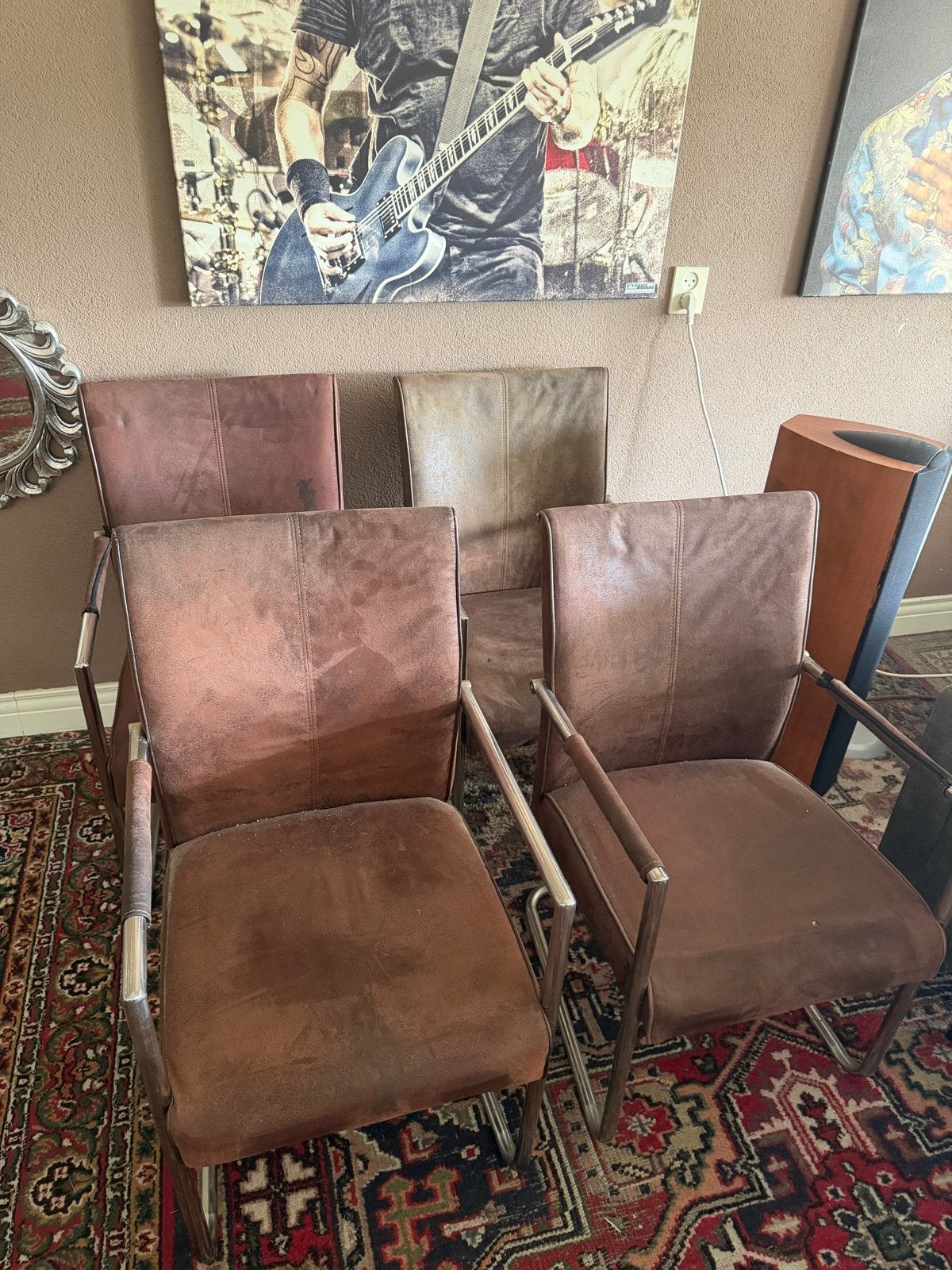 4 bruine eetkamerstoelen - vlekjes te verwijderen, Ophalen, Gebruikt, Bruin, Vier
