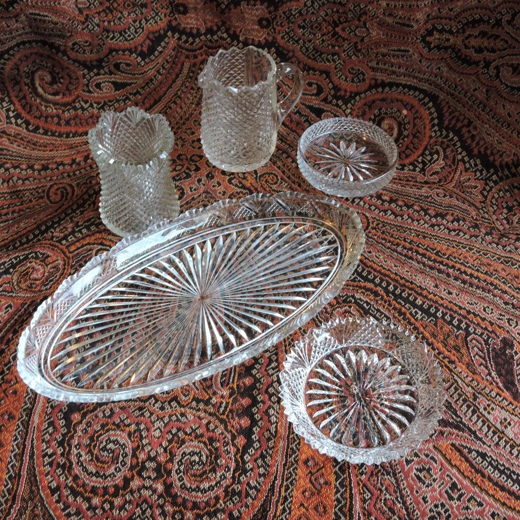 Antiek geslepen glas onderzetter schaal theelicht kannetje, Ophalen of Verzenden
