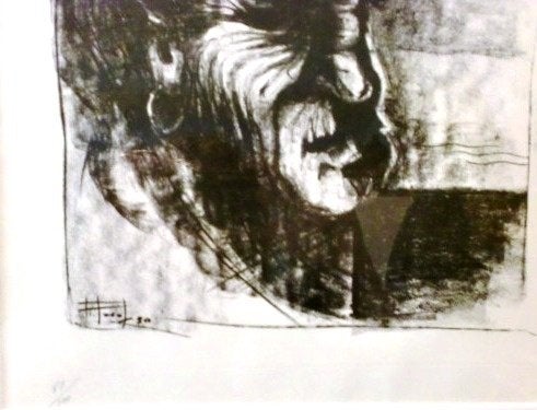 Litho,  Mannen hoofd met signatuur ,, Antiek en Kunst, Kunst | Litho's en Zeefdrukken, Abstract, Ophalen of Verzenden, Lithografie