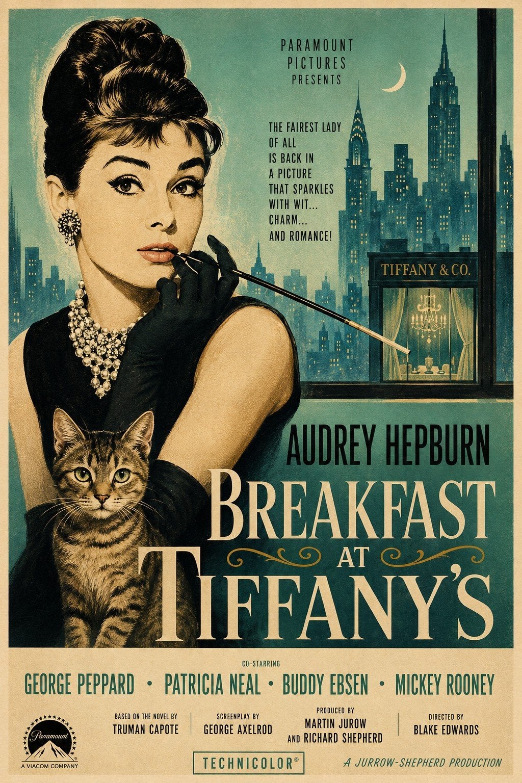 Poster Breakfast at Tiffany's - Audrey Hepburn, Ophalen of Verzenden, Gebruikt, Film en Tv