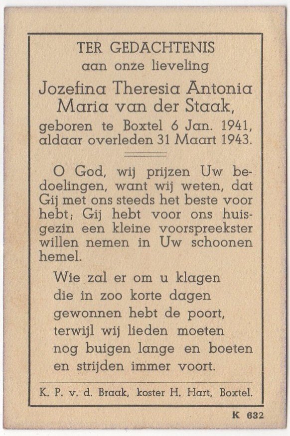 Jozefina Th.A.M. van der Staak 1941-1943 Boxtel, 2 jaar oud, Verzenden