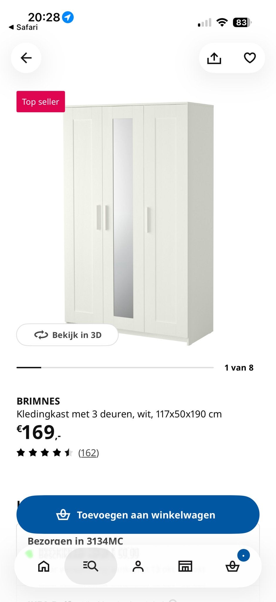IKEA BRIMNES Kledingkast met 3 deuren, wit, 117x50x190 cm, Huis en Inrichting, 100 tot 150 cm, Nieuw, Ophalen of Verzenden, 150 tot 200 cm