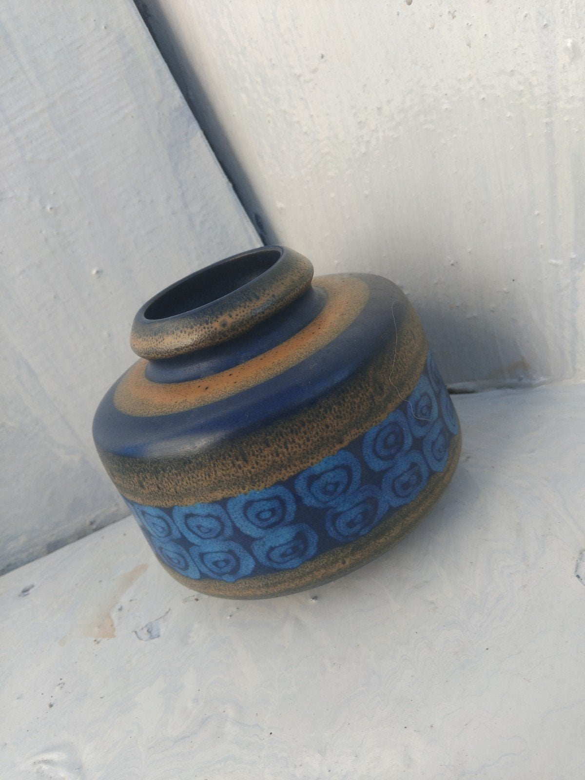 Vintage West Germany Keramiek Vaas - Blauw/Bruin, Ophalen of Verzenden