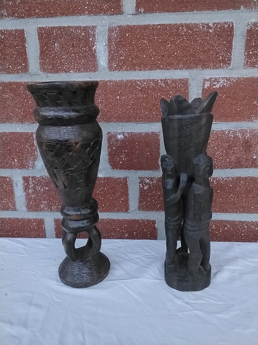 Set van 2 handgesneden houten vazen, Afrikaanse stijl, Ophalen of Verzenden