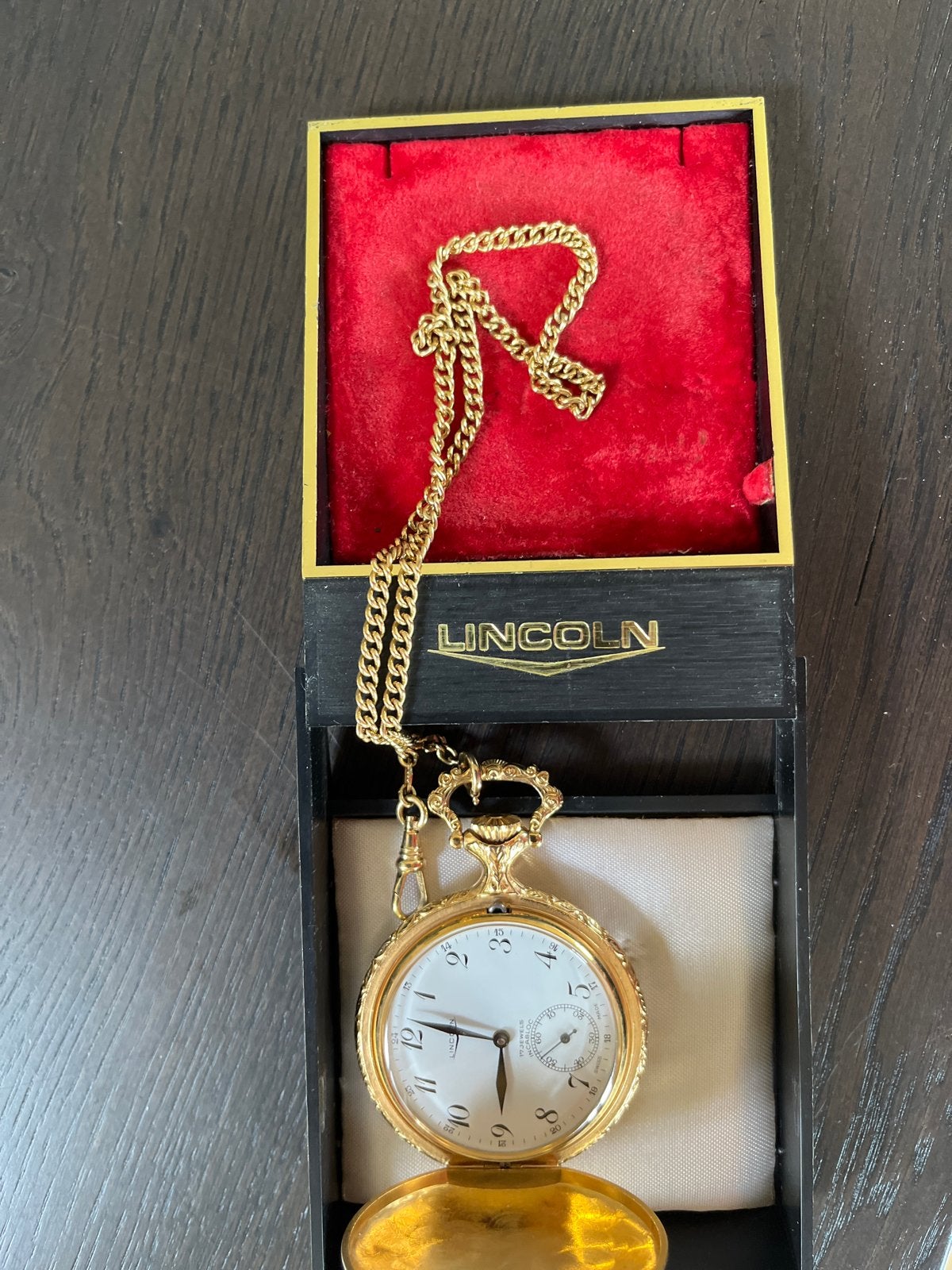 Lincoln. Verguld Zakhorloge met Ketting - Doorsnee 5,5 cm, Overige merken, Overige materialen, Zakhorloge, Ophalen of Verzenden
