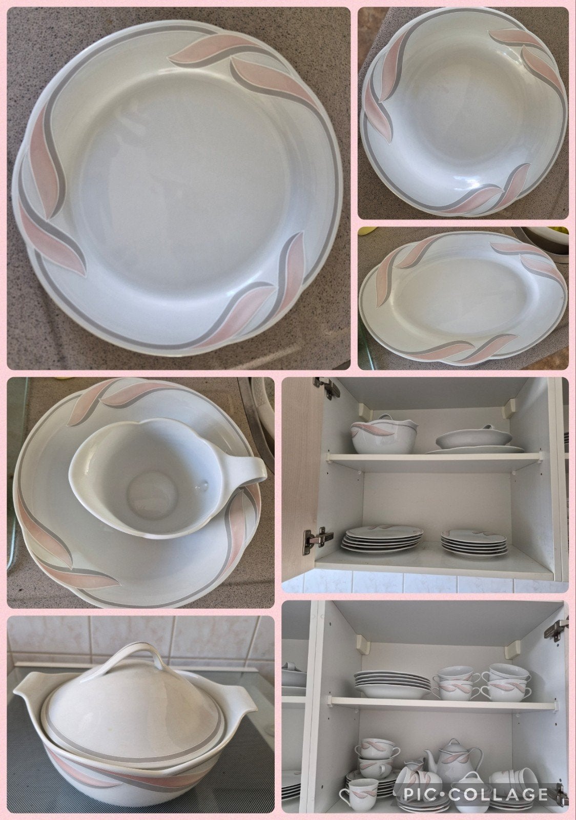 Uitgebreid servies met roze en grijze accenten, Ophalen