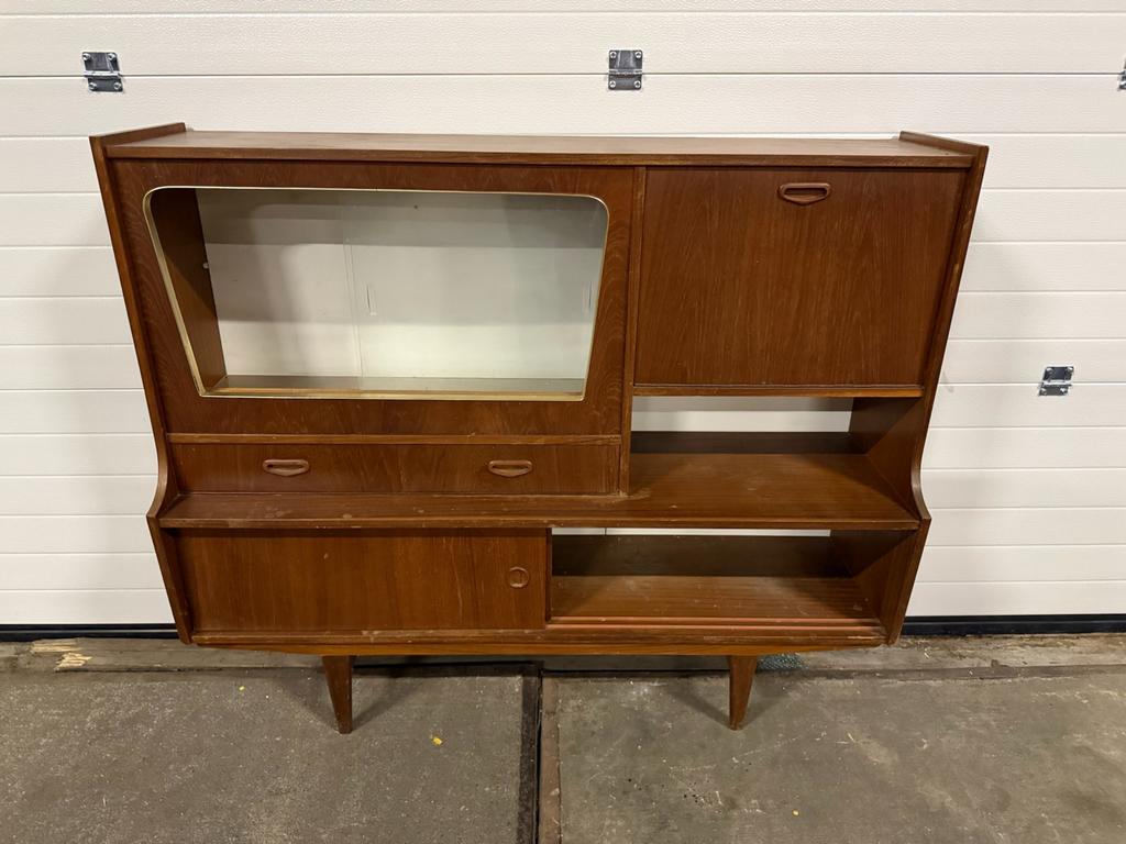 Vintage highboard met vitrinekast, Huis en Inrichting, Kasten | Vitrinekasten, Gebruikt, 100 tot 150 cm, 25 tot 50 cm, Met lade(s)