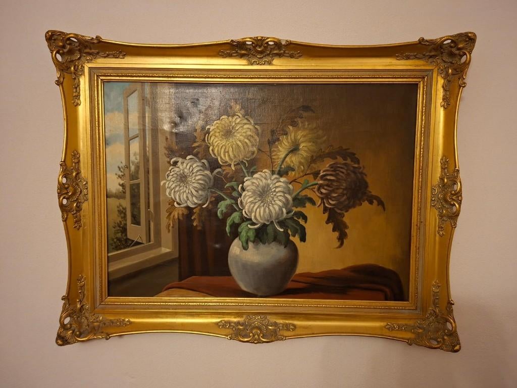 Olieverfschilderij: Stilleven met Chrysanten in Gouden Lijst, Ophalen
