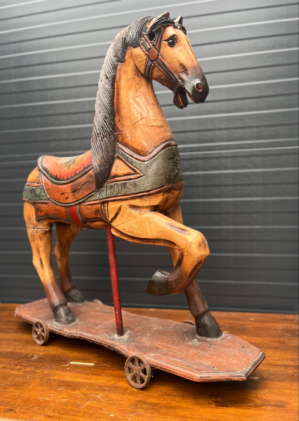 Antiek houten paard op wielen - 82 x 71 cm, Antiek en Kunst, Antiek | Overige Antiek, Ophalen
