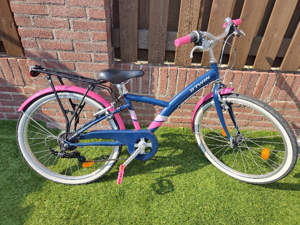 B'TWIN kinderfiets 24 inch - Blauw/Roze, Ophalen, Velgrem, Versnellingen, B'Twin