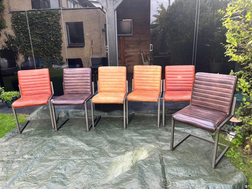 6 leren eetkamerstoelen, Ophalen, Gebruikt, Bruin, Leer