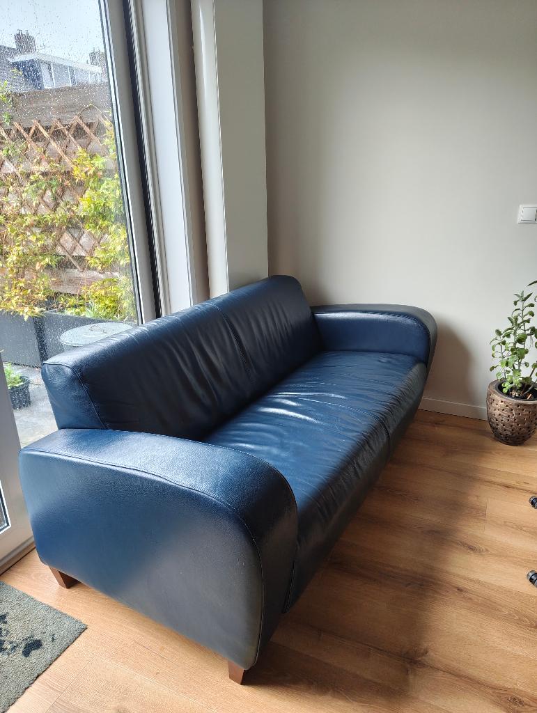 Montèl bank - blauw leer, Huis en Inrichting, Ophalen, Gebruikt, 150 tot 200 cm, Tweepersoons