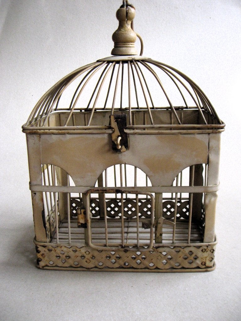 Decoratieve vintage vogelkooi, creme kleurig metaal, Ophalen of Verzenden