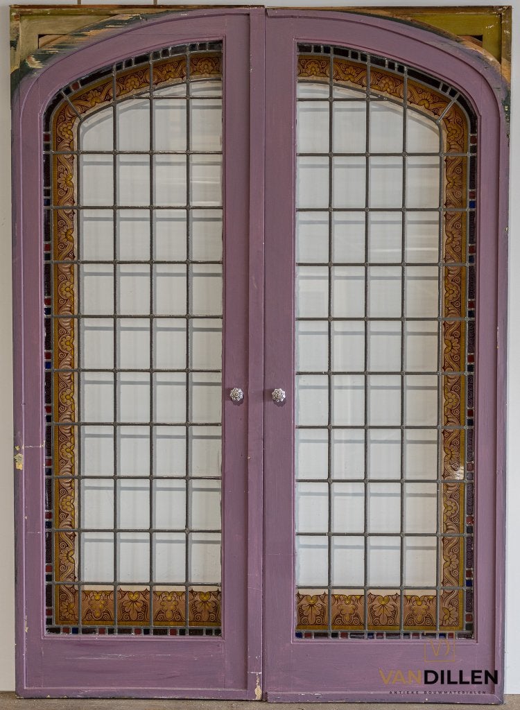 Antieke ensuite schuifdeuren glas in lood gebrandschilderd!, Gebruikt, Binnendeur, Ophalen of Verzenden, Schuifdeur