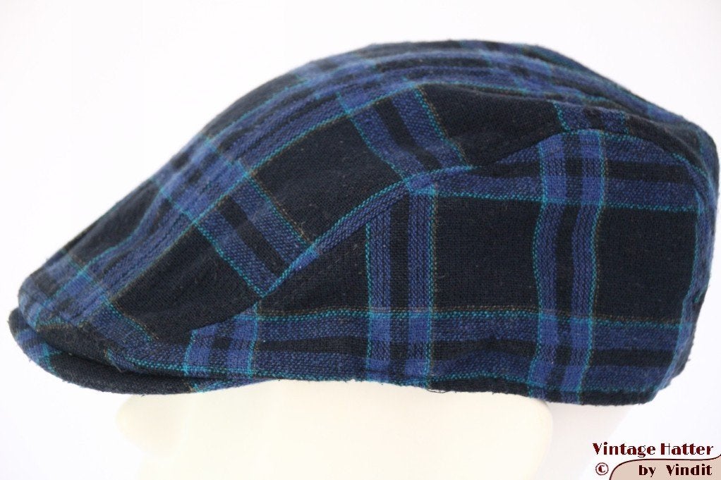 Vintage flatcap Platte pet zwart en blauw geruit 54 = XS, Ophalen of Verzenden, Gedragen, 55 cm (S, 6⅞ inch) of minder, Pet