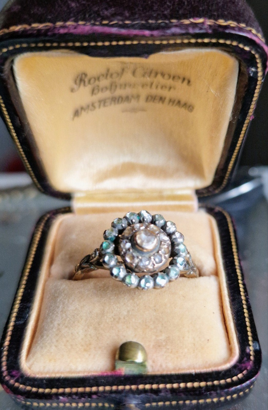 Antieke Rozetring met Roosdiamanten in Origineel Doosje, Sieraden, Tassen en Uiterlijk, Ophalen of Verzenden, Goud, Ring