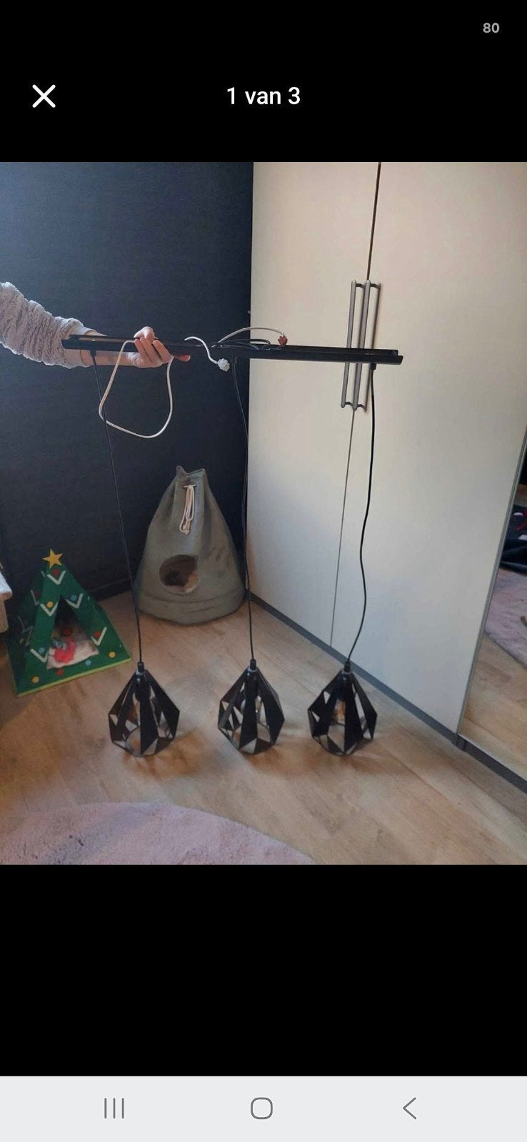 Zwarte hanglamp met 3 lichtpunten (excl. lichtbron), Huis en Inrichting, Lampen | Hanglampen, Zo goed als nieuw, Metaal, Modern, Industrieel, Geometrisch