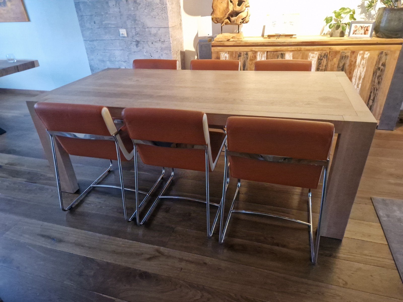6 leren eetkamerstoelen Leolux en eiken eettafel 210 cm, Ophalen, Gebruikt, Modern, strak, 6 tot 8 stoelen
