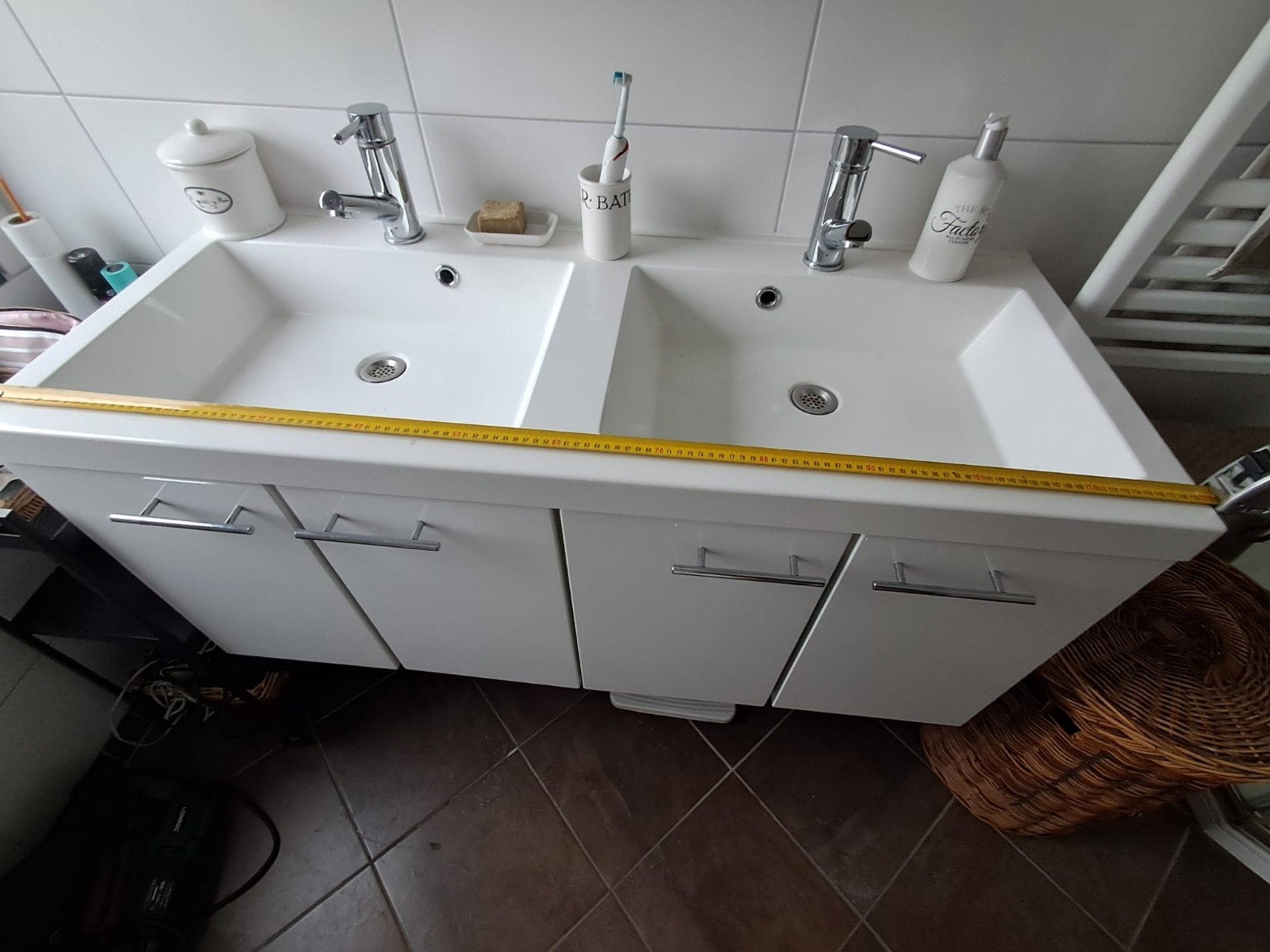 Badkamermeubel met dubbele wastafel en onderkast, Ophalen, Gebruikt, 100 tot 150 cm, Minder dan 100 cm