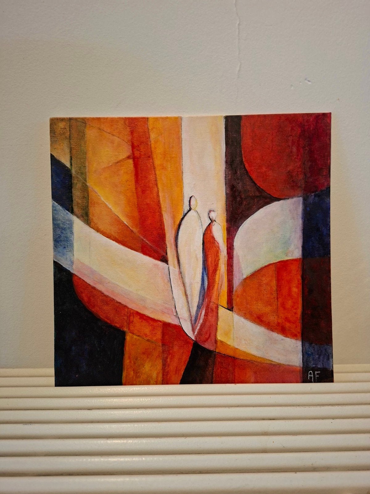 Abstract schilderij met figuren en warme kleuren, Ophalen of Verzenden