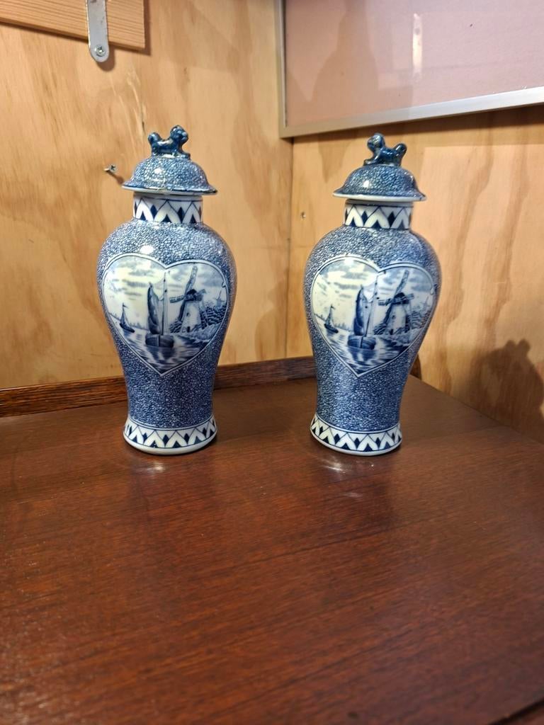Delfts Blauw Gemberpotten Set - Molens & Bloemen, Ophalen of Verzenden