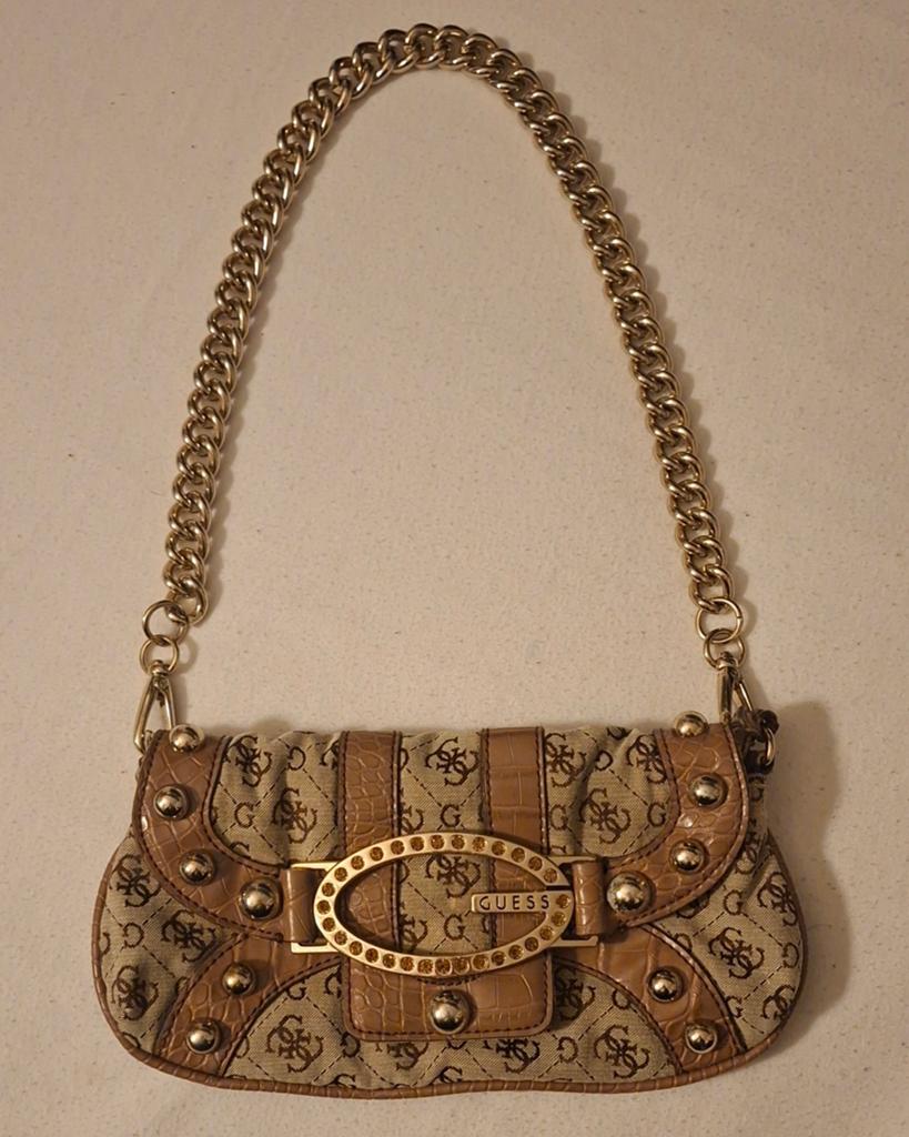 Vintage Guess Handtas Bruin met Beige Patroon & Gouden Gesp, Verzenden, Gebruikt, Bruin, Handtas