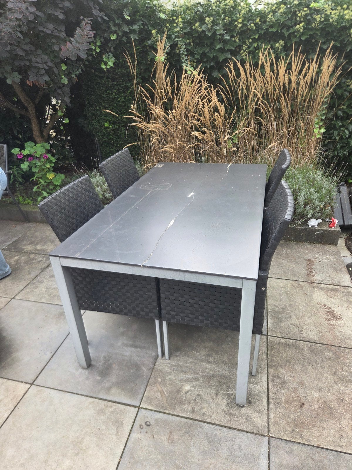 Tuinset met 4 stoelen +kussens, Ophalen, 4 zitplaatsen, Kunststof, Gebruikt