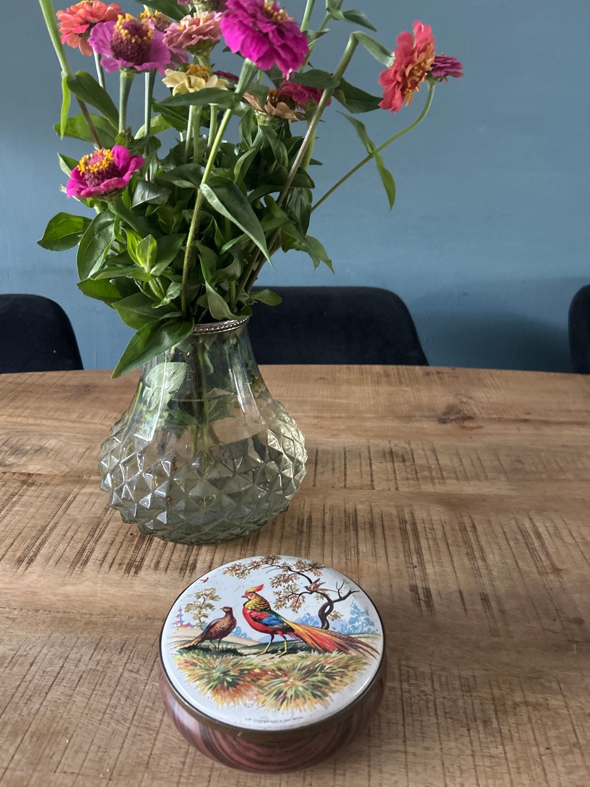 Vintage blikken doosje met fazanten decoratie, Ophalen of Verzenden