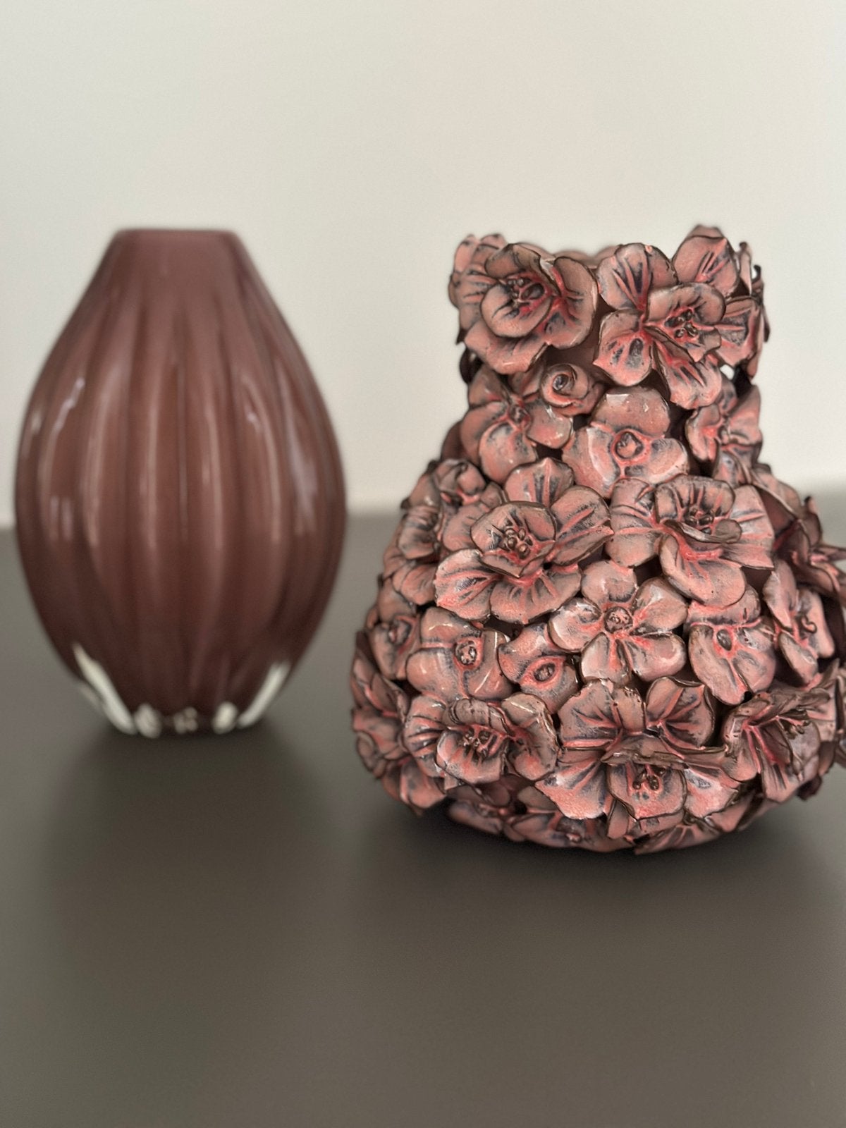 Des Pots bloemenvaas + roze glazen designvaas, Ophalen, Zo goed als nieuw, Overige kleuren
