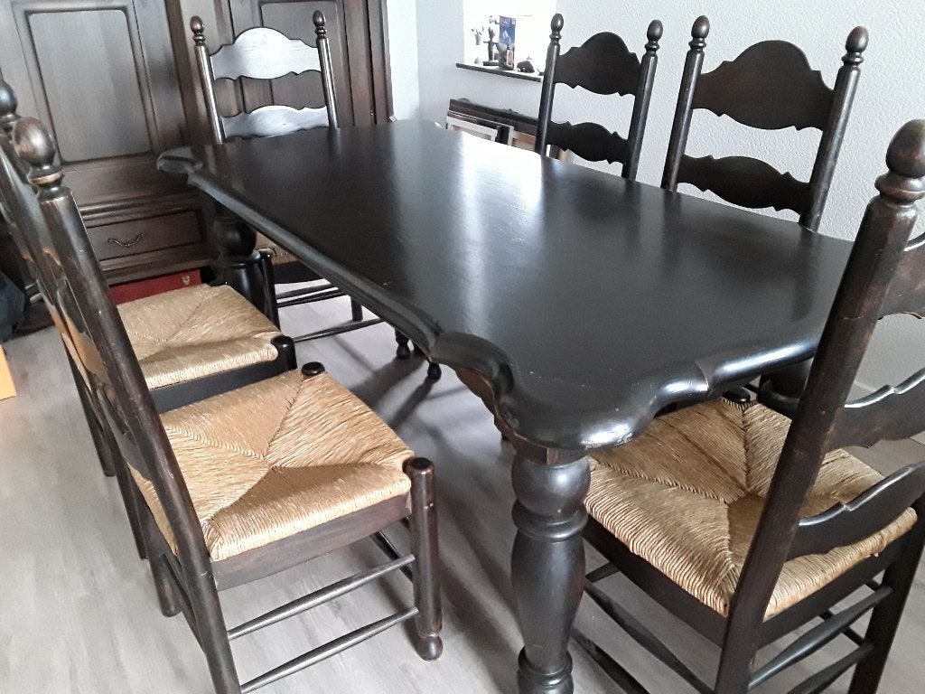 Massief eiken eettafel met 6 stoelen bieden vanaf € 150,=, Huis en Inrichting, Ophalen, Gebruikt, Eikenhout, 50 tot 100 cm