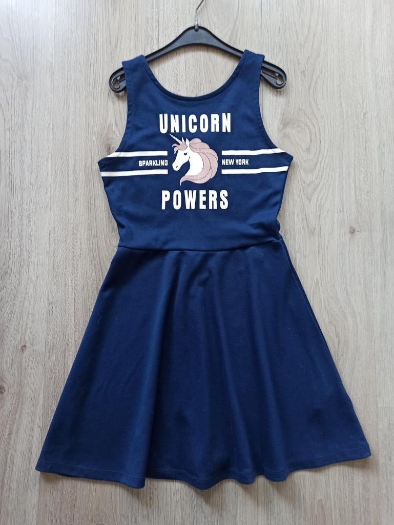 Leuk donkerblauw jurkje met eenhoorn print 146, Gebruikt, Meisje, Ophalen of Verzenden, Jurk of Rok
