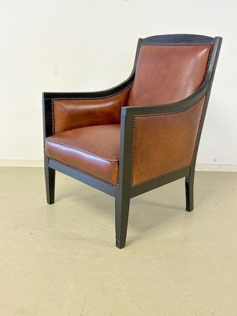 Eiken, zwart gebeitste fauteuil in rundleer, Huis en Inrichting, Fauteuils, Ophalen, Minder dan 75 cm, Leer, 50 tot 75 cm