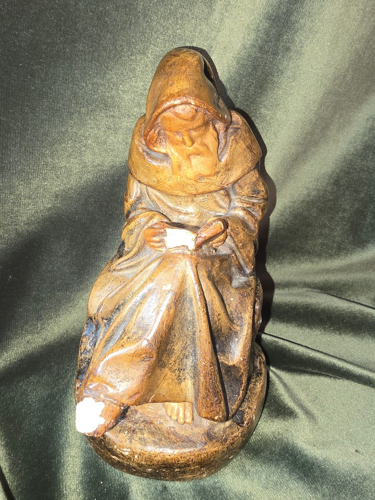 Antiek monnik beeldje - handgesneden hout/brons?, Ophalen of Verzenden