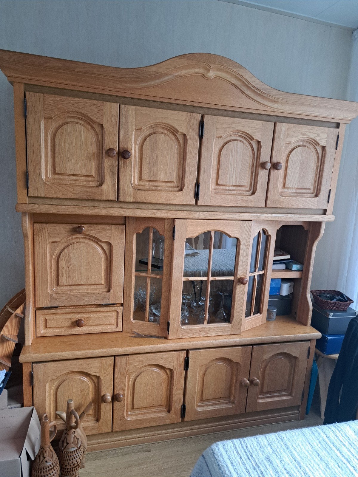Massief eiken dressoir/vitrinekast - Landelijke stijl, Ophalen, Gebruikt, Eikenhout, 200 cm of meer