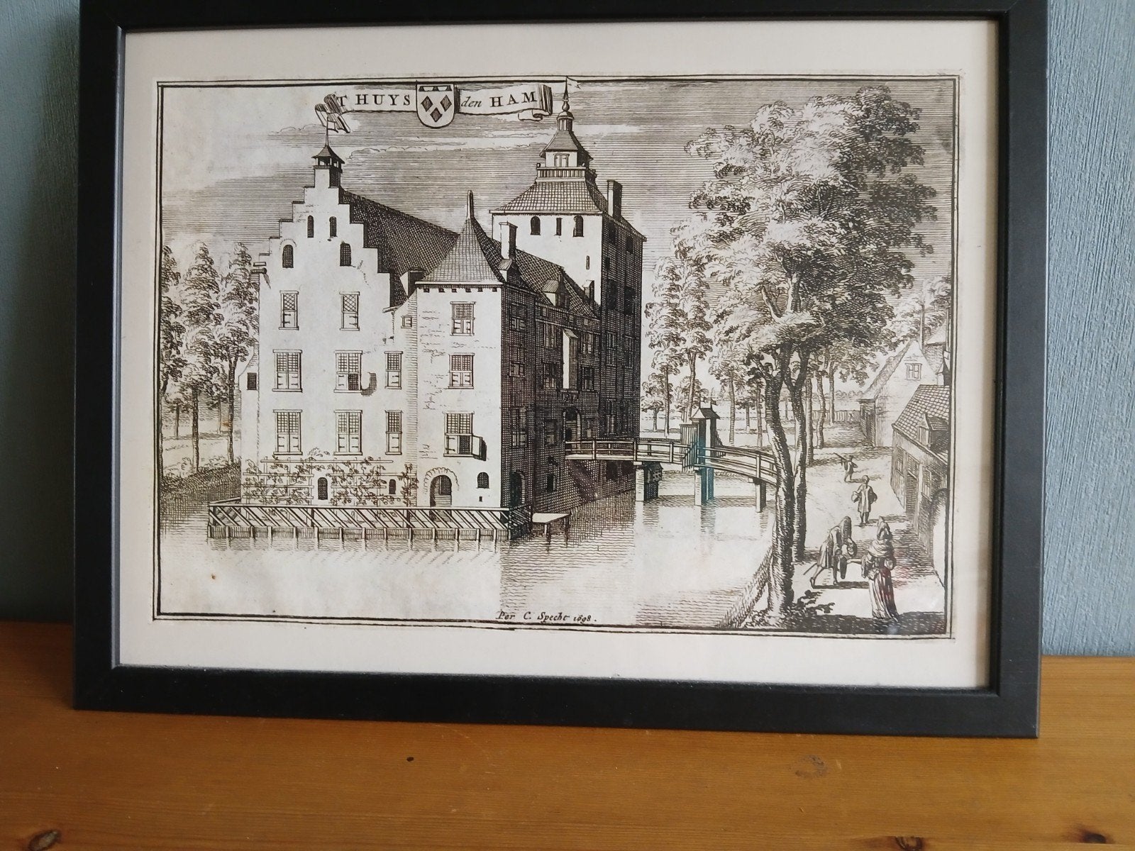 Antieke Ets 't Huys te Ham - C. Specht 1698, Antiek en Kunst, Ets, Architectuur, Ingelijst, 1600 - 1699