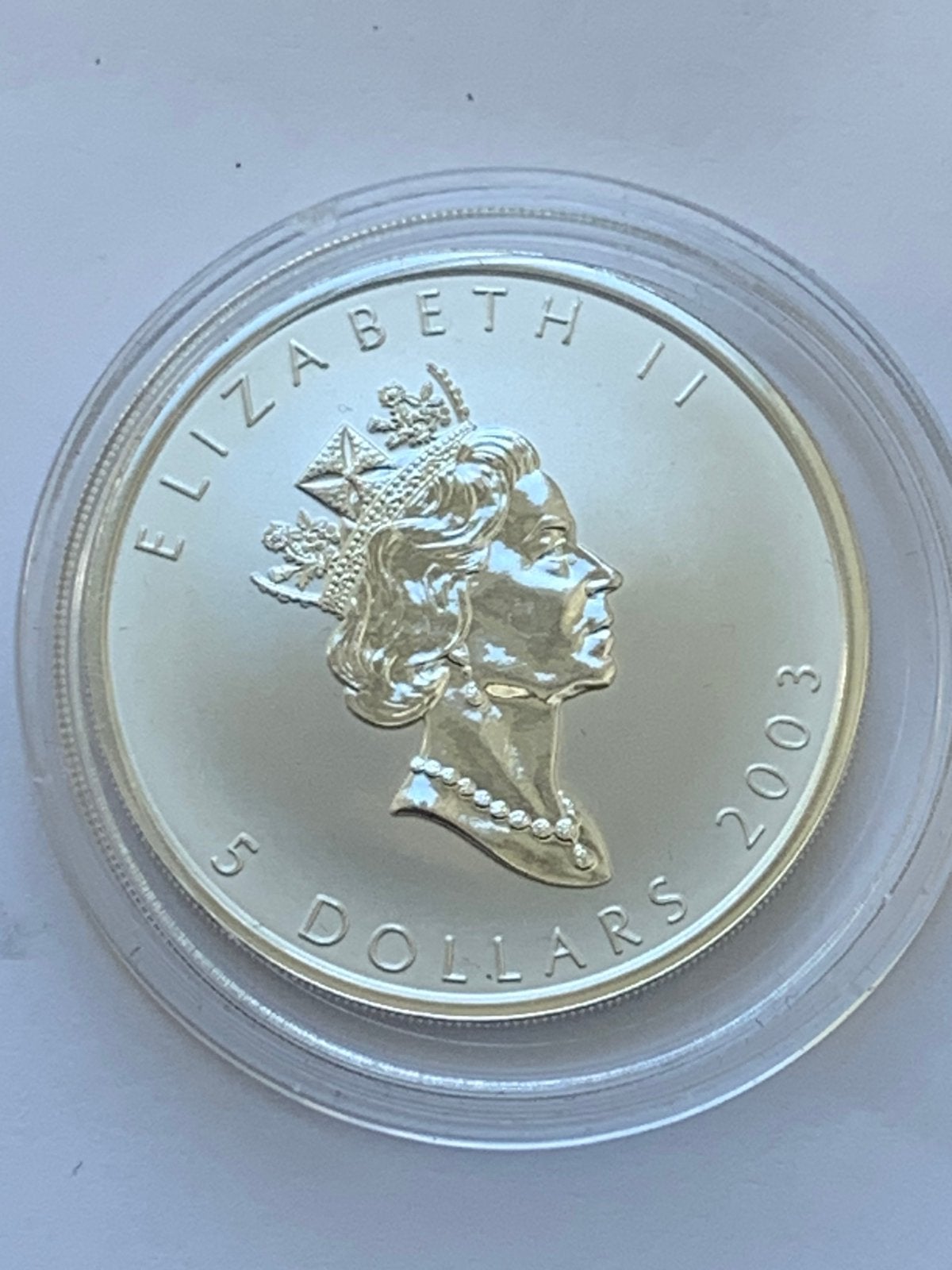 Fluoriserende zilveren maple leaf 2003 5 dollar elisabeth 2, Ophalen of Verzenden, Zilver