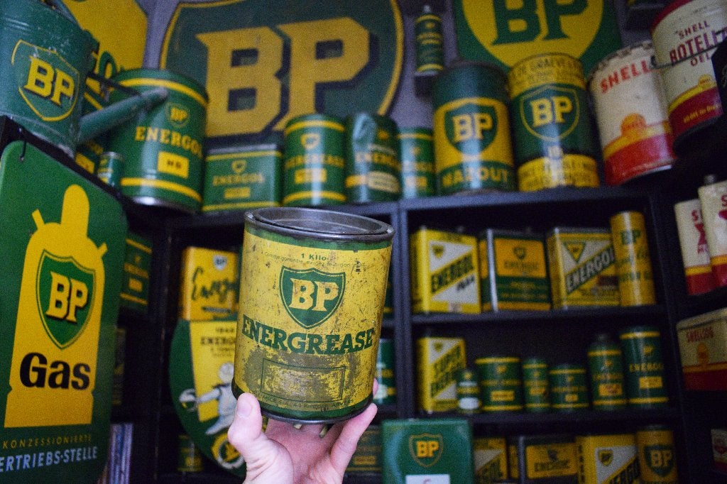 oude vet pot BP energol 1950 1 kg olie blik, Ophalen of Verzenden, Gebruikt, Verpakking