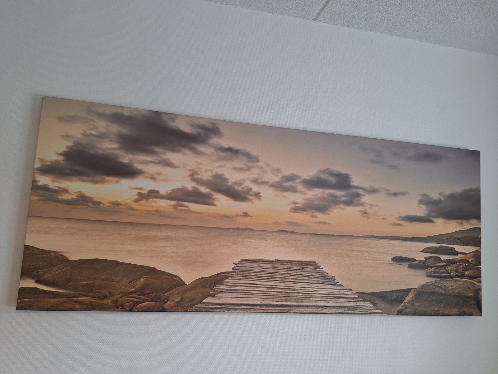 Schilderij zonsondergang met steiger, Ophalen, 50 – 75, 125 cm of meer, Zo goed als nieuw