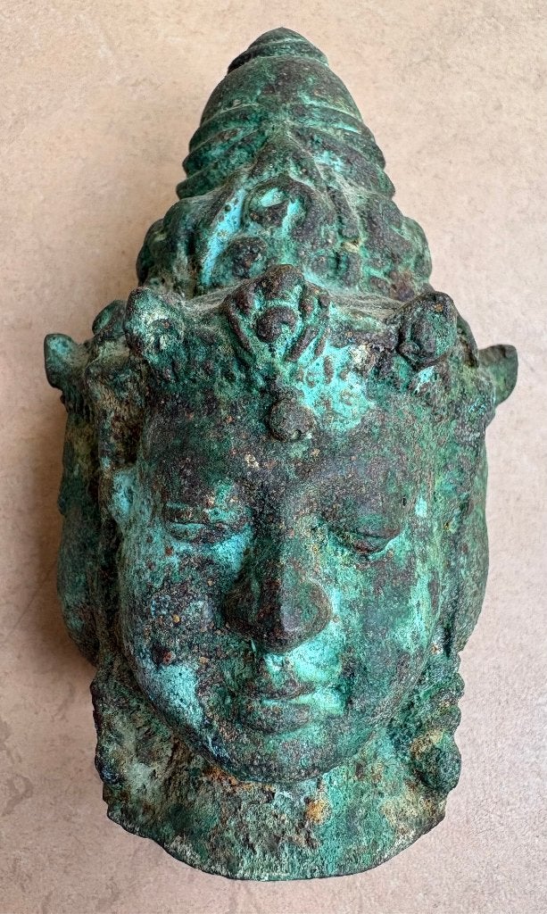 Oud bronzen beeldje met 3 gezichten (Vishnu, Brahma, Shiva), Ophalen, India, 12 cm, Brons
