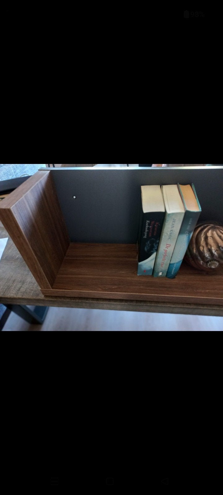 Eikenhouten boekenplank met grijze achterwand (155x22x29cm), Huis en Inrichting, Ophalen, Zo goed als nieuw, Eikenhout