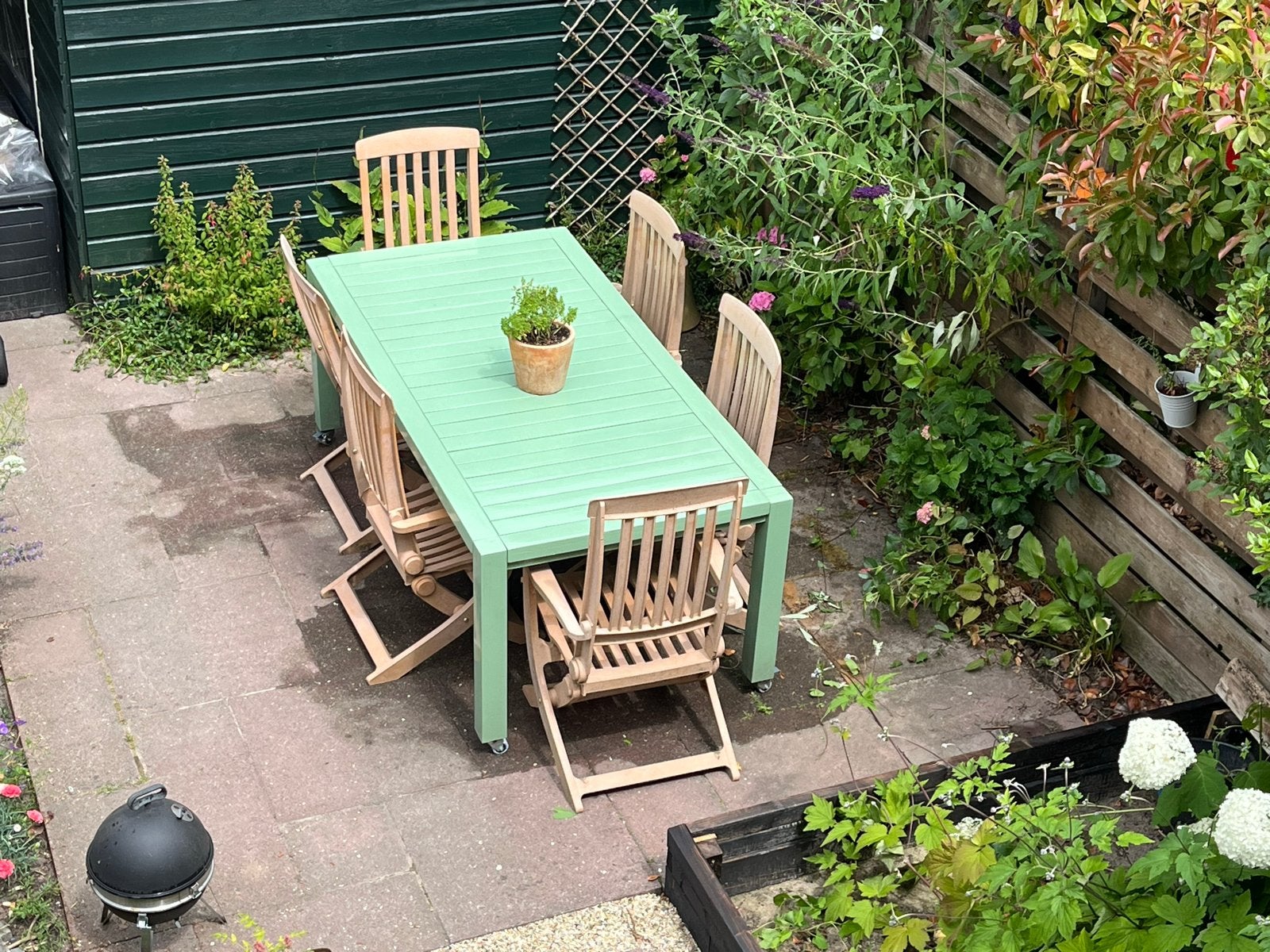 Hardhouten tuintafel gelakt (incl. Tuinstoelen), Ophalen, Gebruikt, Eettafel, Hardhout