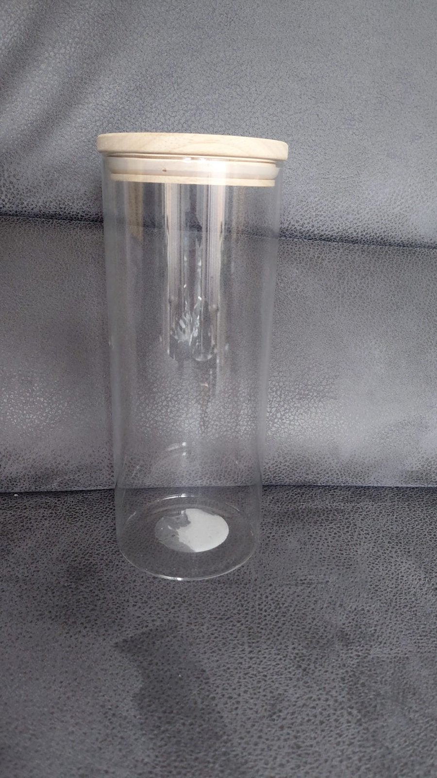 Glazen pot met houten deksel - 9,5x24 cm, Ophalen of Verzenden, Gebruikt, Glas