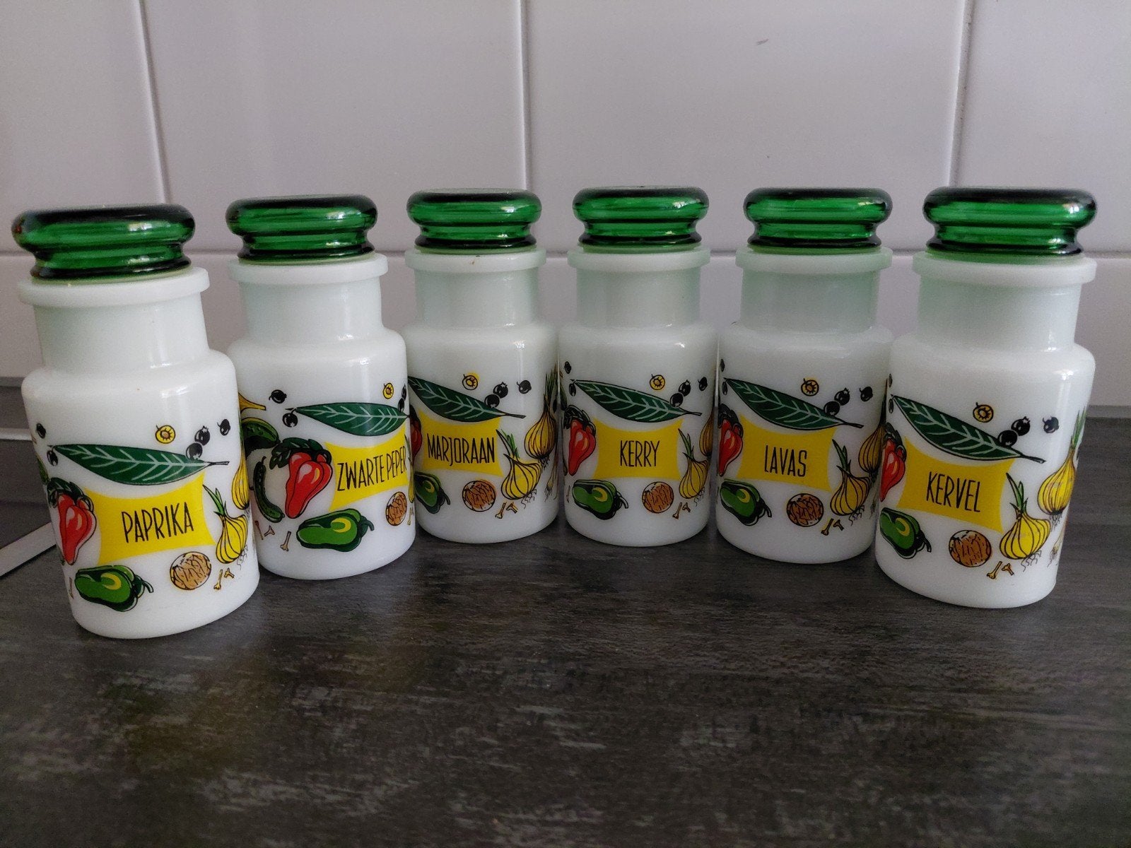Vintage kruidenpotjes set - 6 stuks met groene deksels, Ophalen of Verzenden, Voorraadpot, Wit, Glas