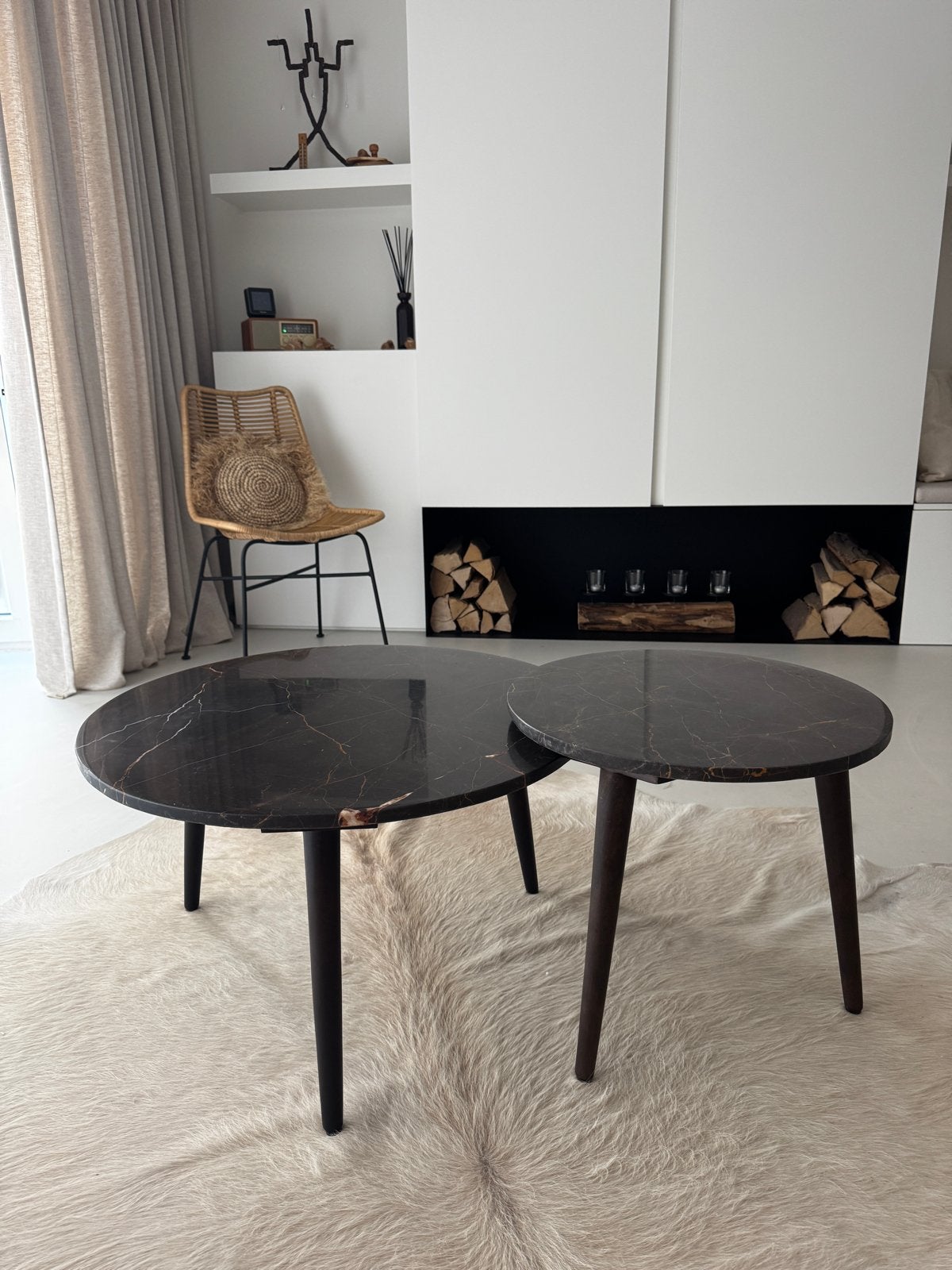 Set van 2 ronde salontafels met marmer blad, Ophalen, Overige materialen, Rond, 50 tot 100 cm