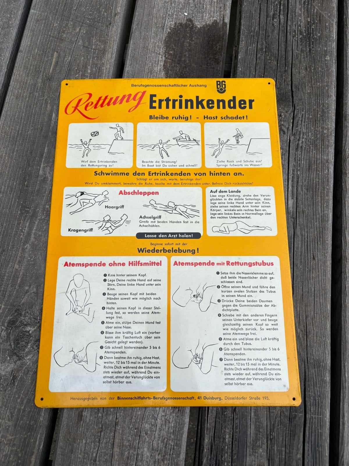 Vintage Duits Emaille/Metalen Bord Rettung Ertrinkender EHBO, Verzamelen, Merken en Reclamevoorwerpen, Ophalen of Verzenden, Zo goed als nieuw