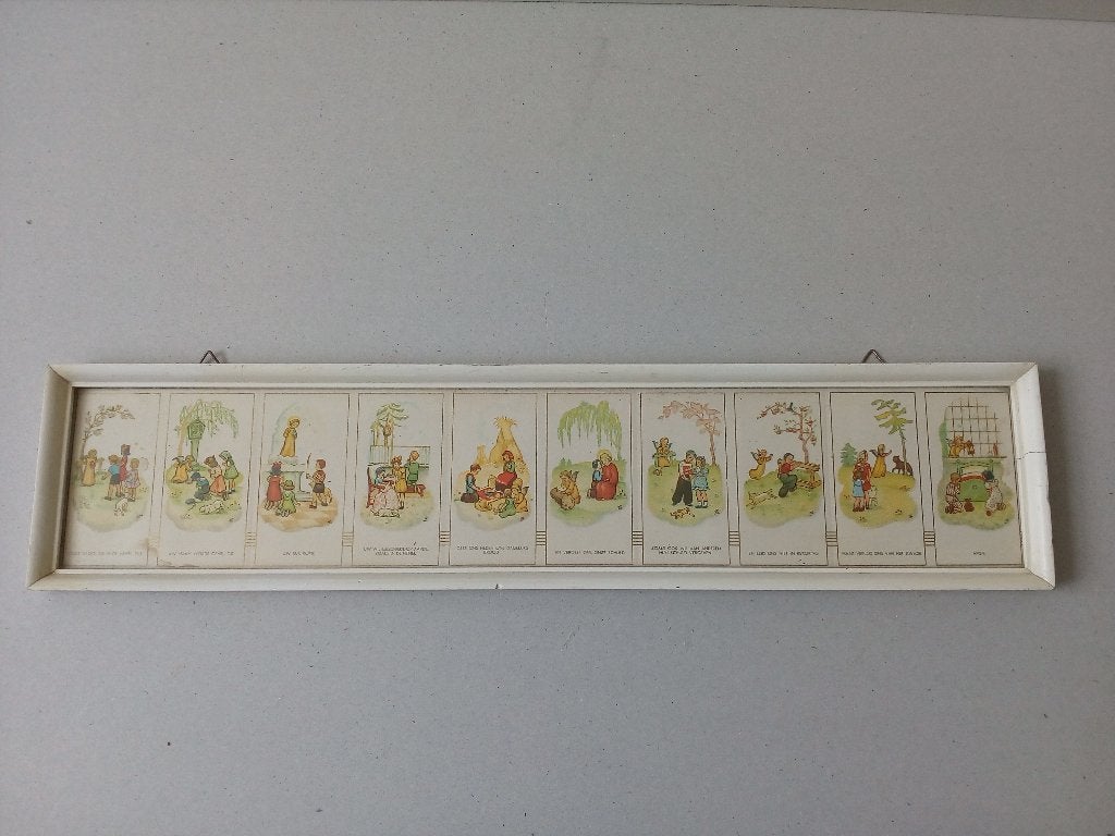 Schilderijtje met prenten kinderen in gebed.Vintage., Ophalen of Verzenden