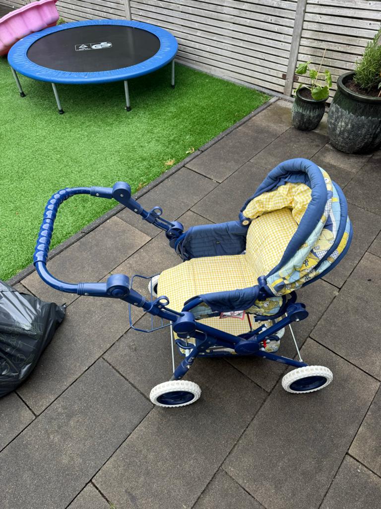 Vintage Poppenwagen Blauw met Geel Ruitje, Ophalen of Verzenden, Gebruikt, Kinderwagen, Overige merken